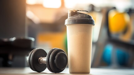 Protein shake in shaker bottle with gym background and dumbbells, high-resolution fitness lifestyle sports nutrition concept