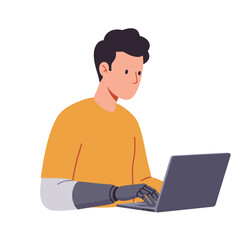 Young man with prosthetic arm typing on laptop while sitting indoors  