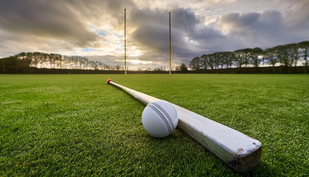 a hurley stick and sliotar gaelic football ball lying on a vibrant green grass pitch with goalposts under an overcast sky