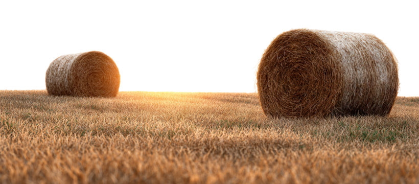 Hay bales in golden sunset field, isolated on transparent cutout background