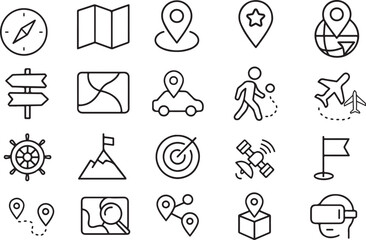 Fototapeta premium Navigation Line Icon Set Modern Outline Vector Icons for GPS, Compass, Maps, Routes, Travel, Direction, Location, and Navigation Apps