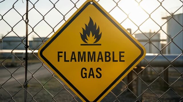 Yellow flammable gas warning sign on a chain link fence with pipes and tanks in the background, safety concept footage.