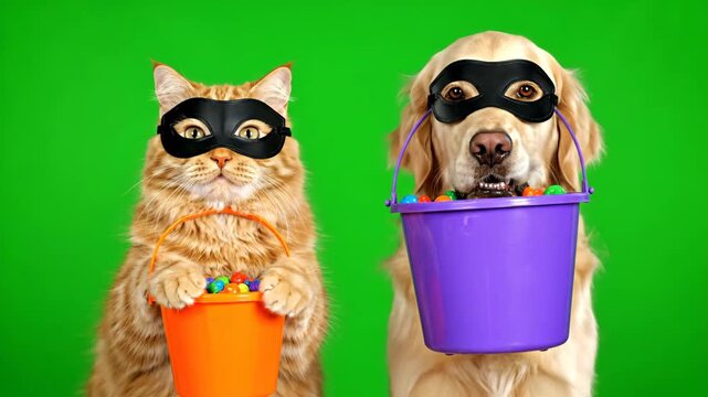 Cat and Dog in Masks with Candy Buckets - A ginger cat and a golden retriever dog, both wearing black masks, hold orange and purple buckets filled with candy against a green screen.