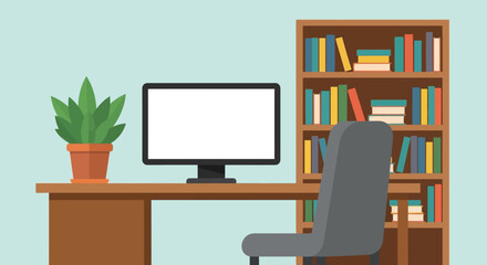 Modern Home Office Workspace Desk, Computer, Bookshelf, and Plant