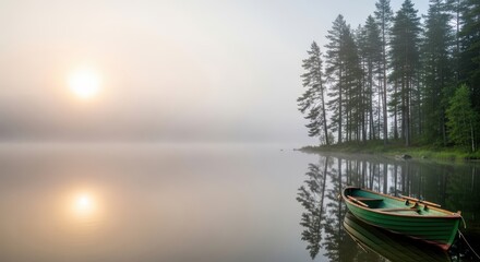Misty Morning Lake With Lone Boat and Forest Reflection