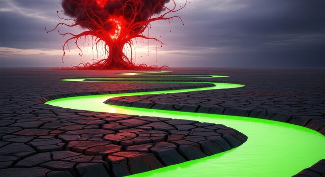 Apocalyptic Landscape With Blood Tree And Toxic River