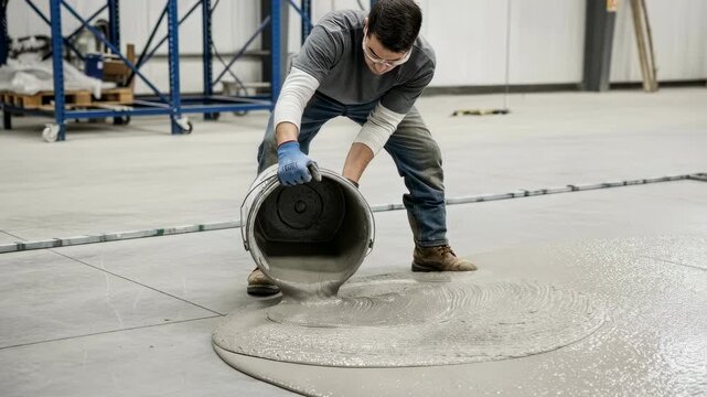 Construction worker pouring self leveling concrete from bucket onto floor for renovation and smooth finish footage