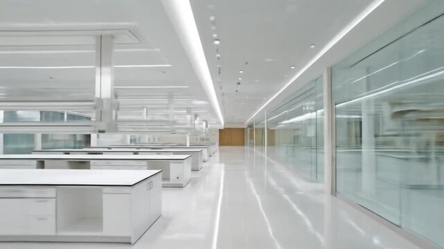 A modern laboratory interior, showcasing sleek, minimalist design and abundant natural light.