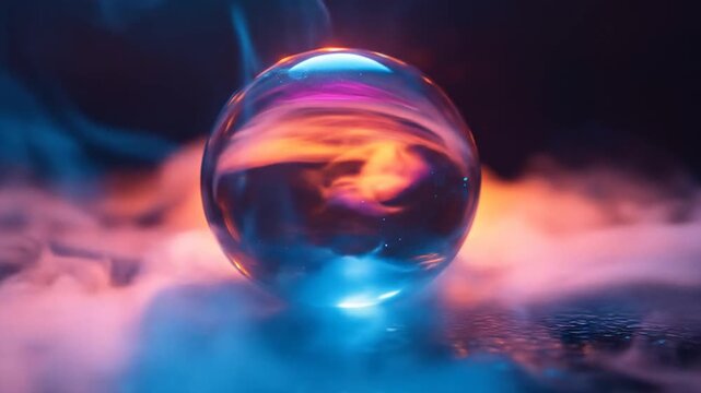 A vibrant, glowing orb of glass rests amidst swirling smoke, bathed in vibrant neon colors