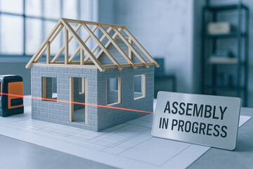 Miniature house model with wooden roof frame and brick wall on blueprint, laser level line crossing construction mockup conveying ongoing assembly and planning progress with focused lighting