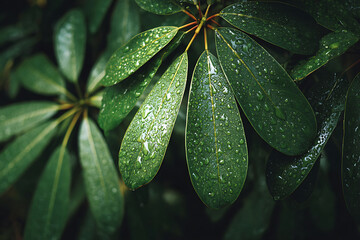 Fototapeta premium Lush Green Leaves with Water Droplets in a Dark, Natural Setting