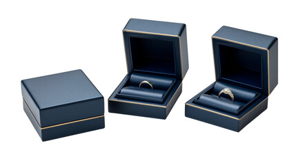 Elegant Navy Blue Jewelry Ring Boxes with Gold Ring Isolated on Transparent Background