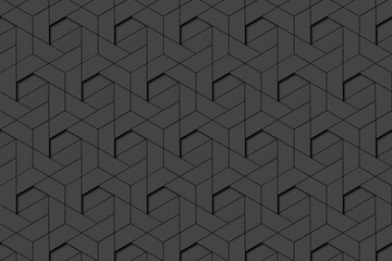 8 black trapeziums forming a hexagon which in turn fully tiled across the whole screen. Illustration as a background for web page design and business presentation software