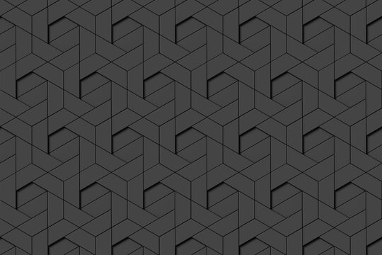 8 black trapeziums forming a hexagon which in turn fully tiled across the whole screen. Illustration as a background for web page design and business presentation software
