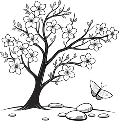 Minimalist line art of a pear blossom tree with a stone element