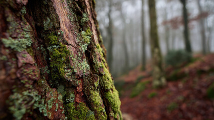 Fototapeta premium Moss-covered tree bark in a misty forest with blurred background and earthy tones creating a tranquil and serene natural atmosphere in the outdoors.