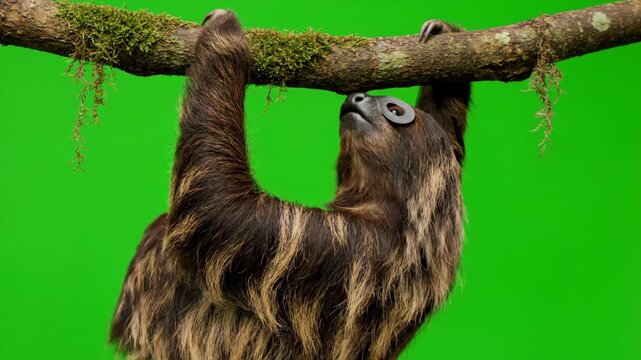 Sloth in Mask Hanging on Branch - Green Screen - A three-toed sloth wearing a burglar mask hangs from a mossy tree branch against a bright green chroma key background.