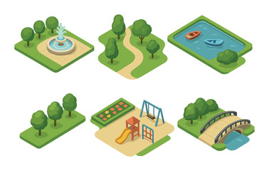 Isometric park elements: playground, trees, fountain, pond, pathway, bridge