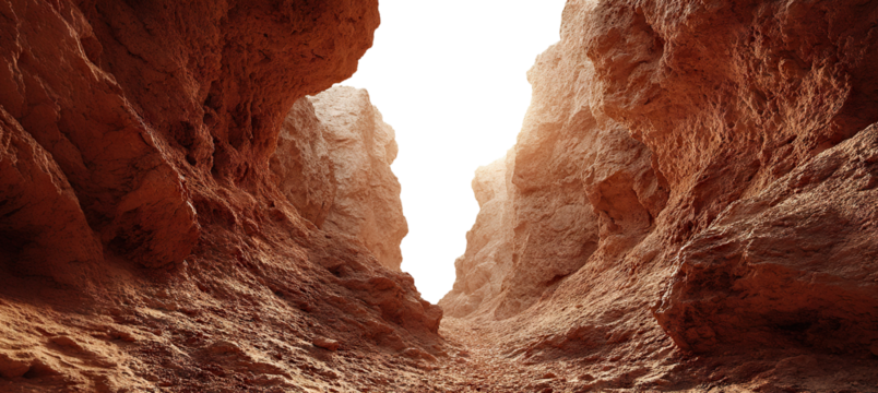 Desert canyon path between high rugged cliffs, isolated on transparent cutout background