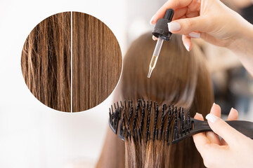 Closeup young woman putting hair serum for care treatment and growth in studio white background