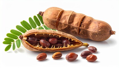 A tamarind pod split open showing seeds photorealistic realism white background with clean shadows
