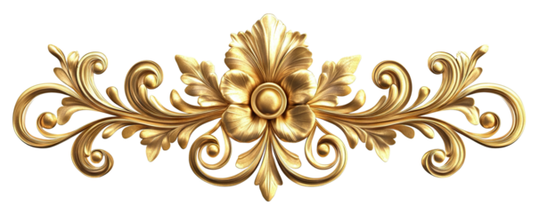 Golden baroque decorative floral ornament, isolated on transparent cutout background
