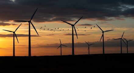 Dramatic wind farm sunset with turbines silhouetted against vibrant orange sky, promoting clean energy and environmental sustainability, flock of birds flying