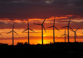 Obraz premium Stunning sunset silhouette of wind turbines generating clean energy with birds flying in vibrant sky, perfect for eco conscious campaigns