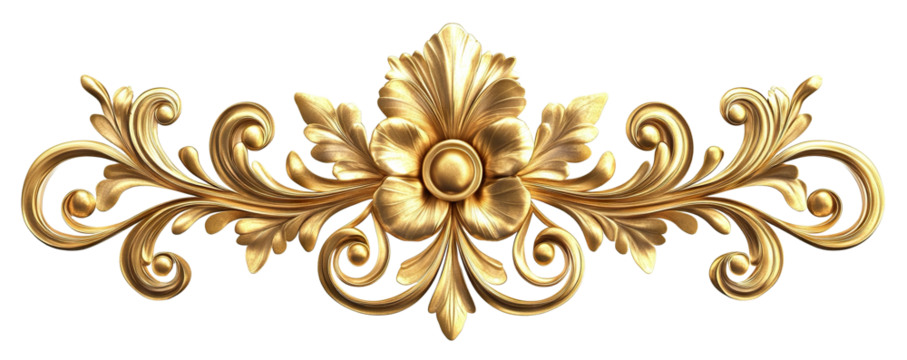 Golden baroque decorative floral ornament, isolated on transparent cutout background