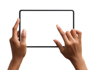 Hands touching blank screen of black tablet, isolated on transparent cutout background
