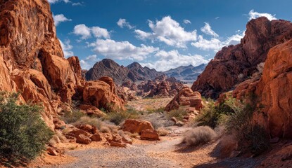 Red rock canyon vista. Sunny, expansive view of a desert canyon.  Rocky terrain, low vegetation, and a pathway wind through the scene.  A vibrant blue sky with scattered clouds