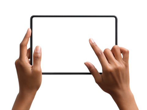 Hands touching blank screen of black tablet, isolated on transparent cutout background - Powered by Adobe