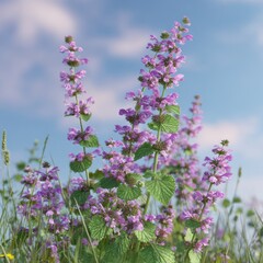 Naklejka premium Purple wildflowers in a meadow against a light blue sky