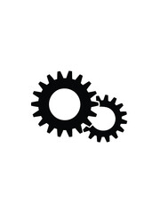 Two interlocking black gears on a white background