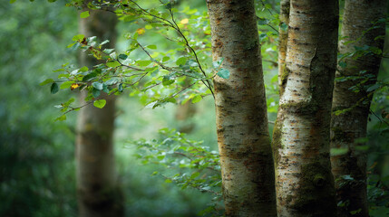Tall trees surrounded by lush green foliage in a tranquil forest setting with soft natural light filtering through leaves creating a serene atmosphere.