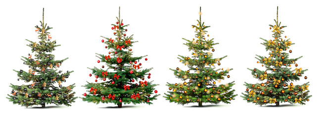 Verschieden Dekorierte Weihnachstsbäume vor weissem Hintergrund
