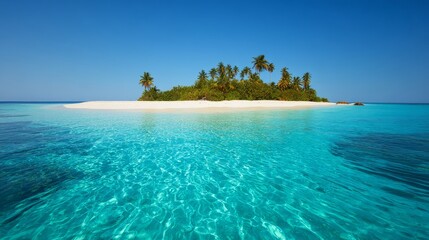 Fototapeta premium Tropical island with turquoise lagoon, white sand beach, coconut trees and clear blue sky, high-resolution exotic paradise travel landscape