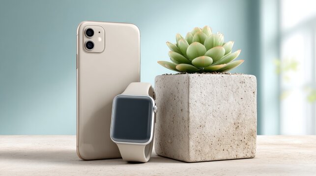 Smartphone and smartwatch set beside succulent in planter