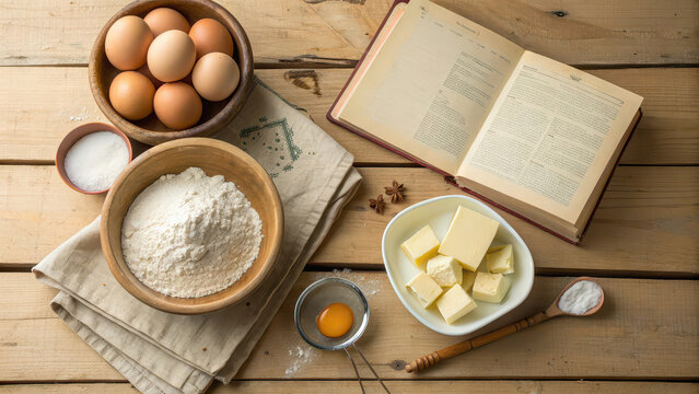 Flat lay of flour, eggs, butter, and sugar with an open cookbook on a wooden surface, ready for home baking preparation.