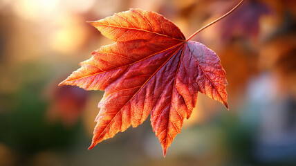 A cinematic advertising frame for an autumn advertisement. Autumn sale. A red maple leaf flies smoothly over a golden background.