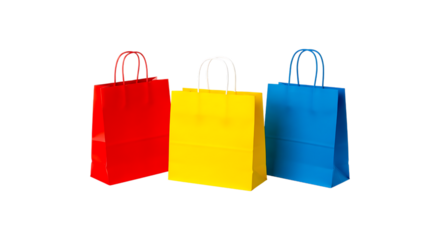 Three shopping bags isolated on transparent background, red, yellow and blue color