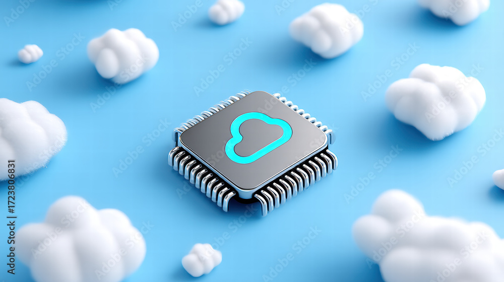 Poster ai chip floating in cloud network with blue background and soft light creating futuristic and innova