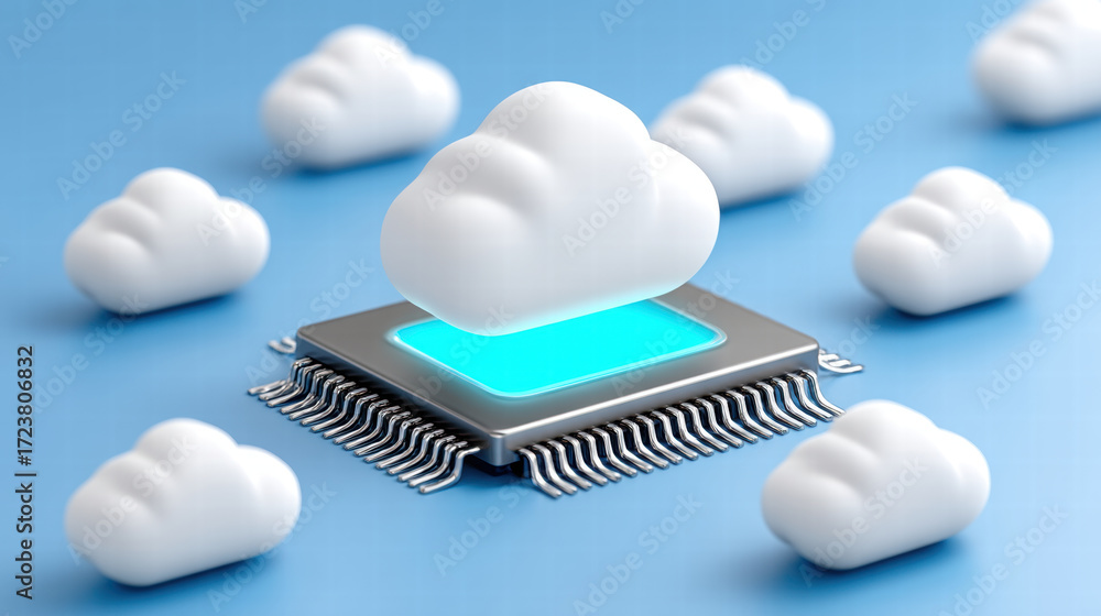Poster ai chip floating in cloud network concept with blue background and multiple clouds symbolizing digit
