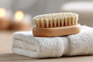 Natural body brush on soft white towel for spa and wellness routines.