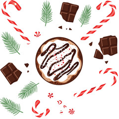 Vector Flat Lay of Peppermint Mocha with Holiday Treats