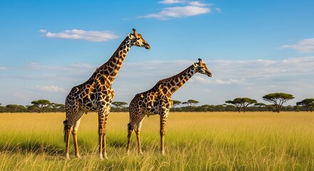 Two Giraffes in African Savanna Landscape.