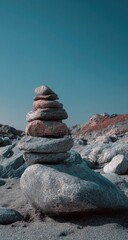 A stack of stones, balanced precariously, sits atop a bed of larger rocks against a clear blue sky.  The stones are various shades of gray and light brown.  