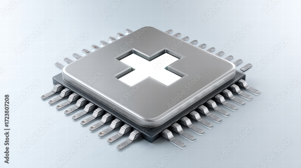 Poster ai chip in health data management concept with metallic processor and cross symbol representing medi