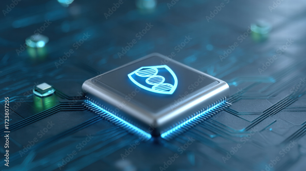 Poster ai chip in health data management technology with glowing dna shield icon on circuit board futuristi