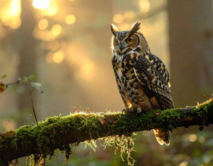 Eurasian eagle owl perched on a mossy branch in a sunlit forest setting.